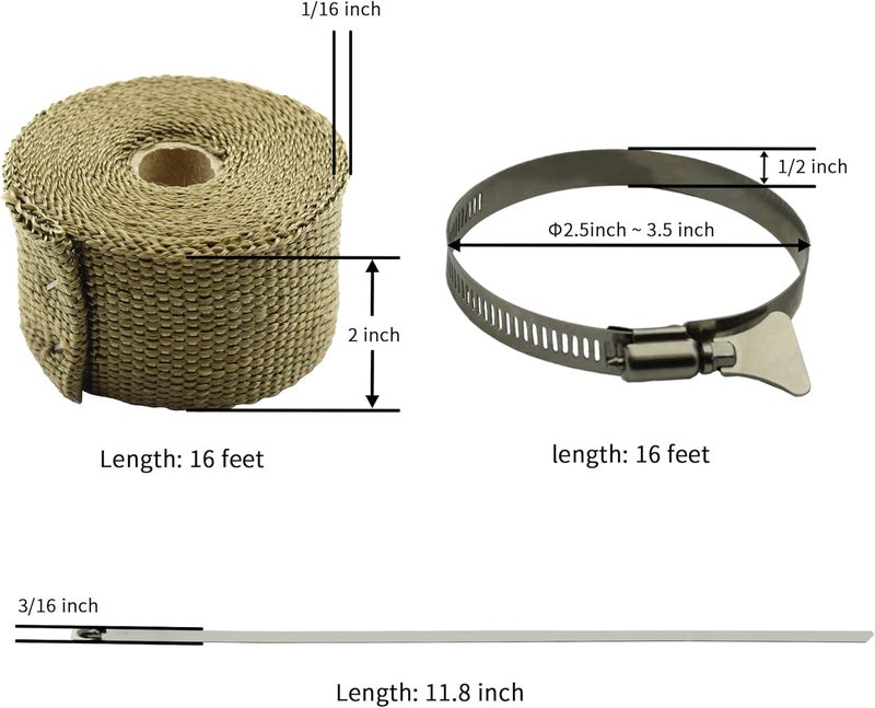 DOBTIM Fireproof Pipe Wrap Insulation 2" Wide X 16' Long, Fiberglass Heat Shield Tape Pipe Webbing for Stove Flue Protector with 2 Clamps, Titanium - Image 5